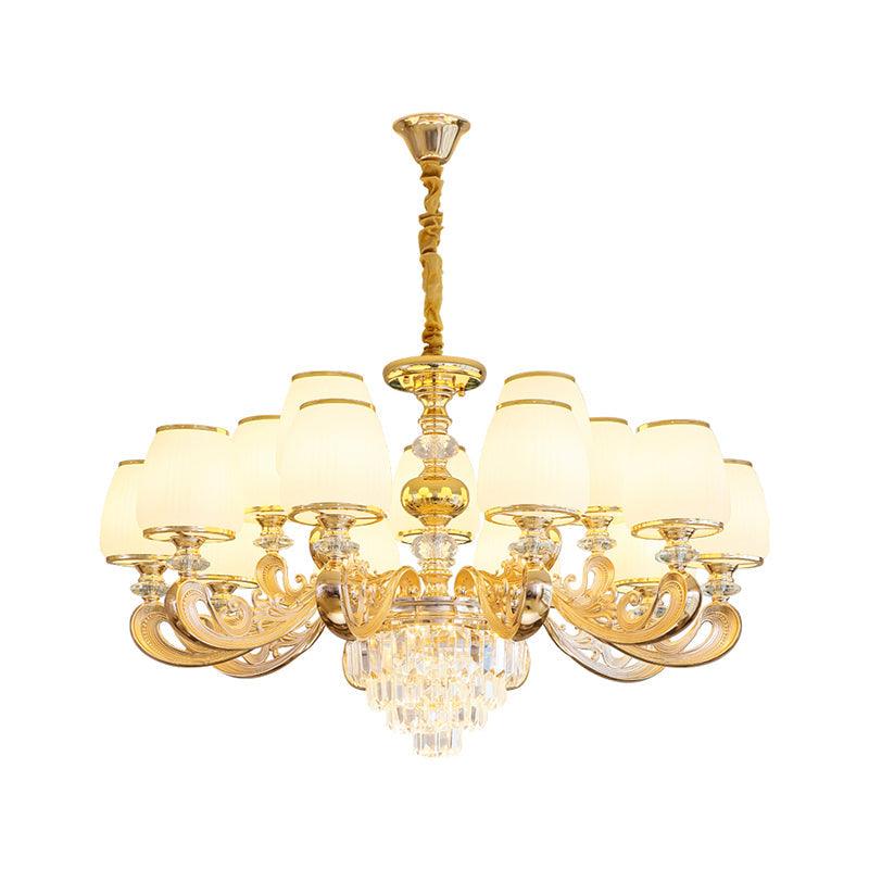 Barrel White Frosted Glass Chandelier Lighting Classic Bedroom Pendant Light with Tiered Crystal Accent - Rebooters