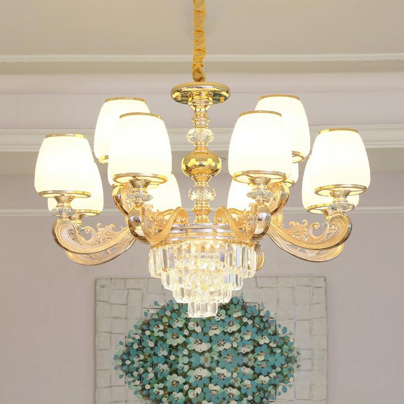 Barrel White Frosted Glass Chandelier Lighting Classic Bedroom Pendant Light with Tiered Crystal Accent - Rebooters