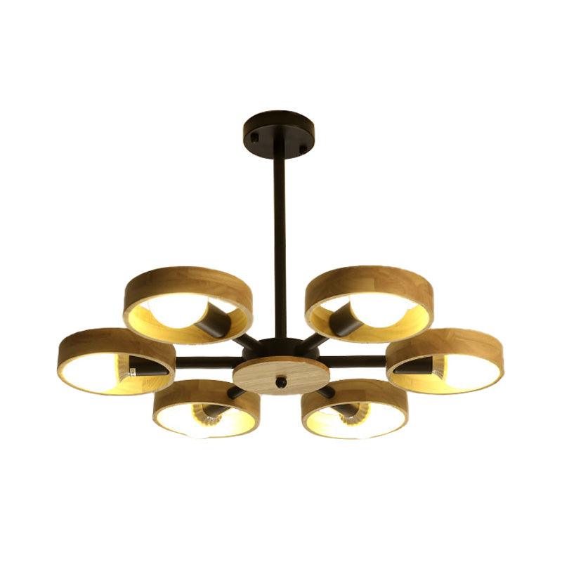 3/6/8 Heads Round Chandelier Light Contemporary Wood Hanging Ceiling Light in Black White - Rebooters