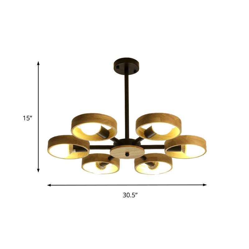 3/6/8 Heads Round Chandelier Light Contemporary Wood Hanging Ceiling Light in Black White - Rebooters