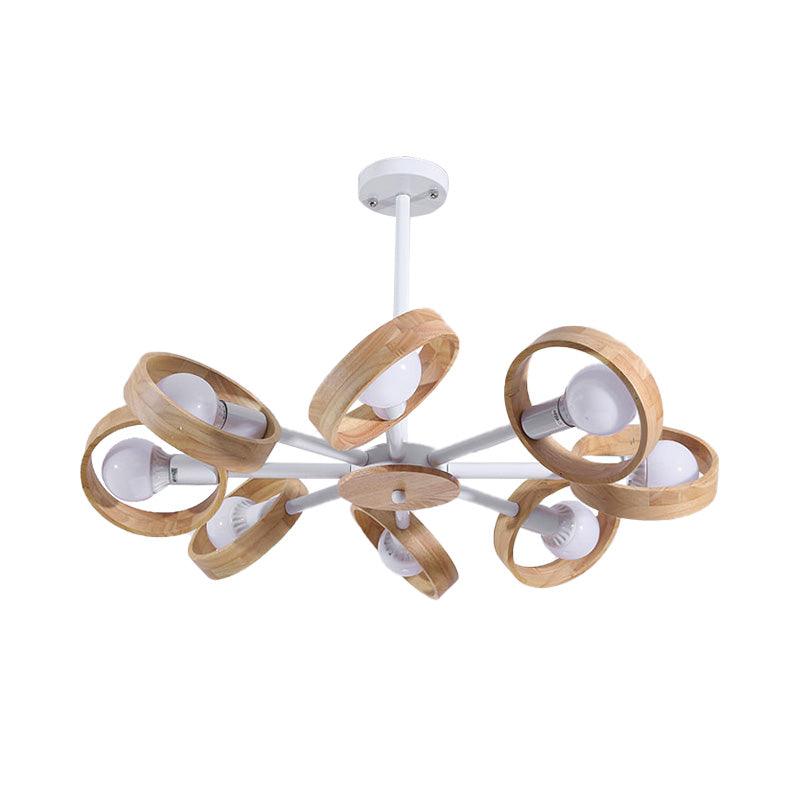 3/6/8 Heads Round Chandelier Light Contemporary Wood Hanging Ceiling Light in Black White - Rebooters