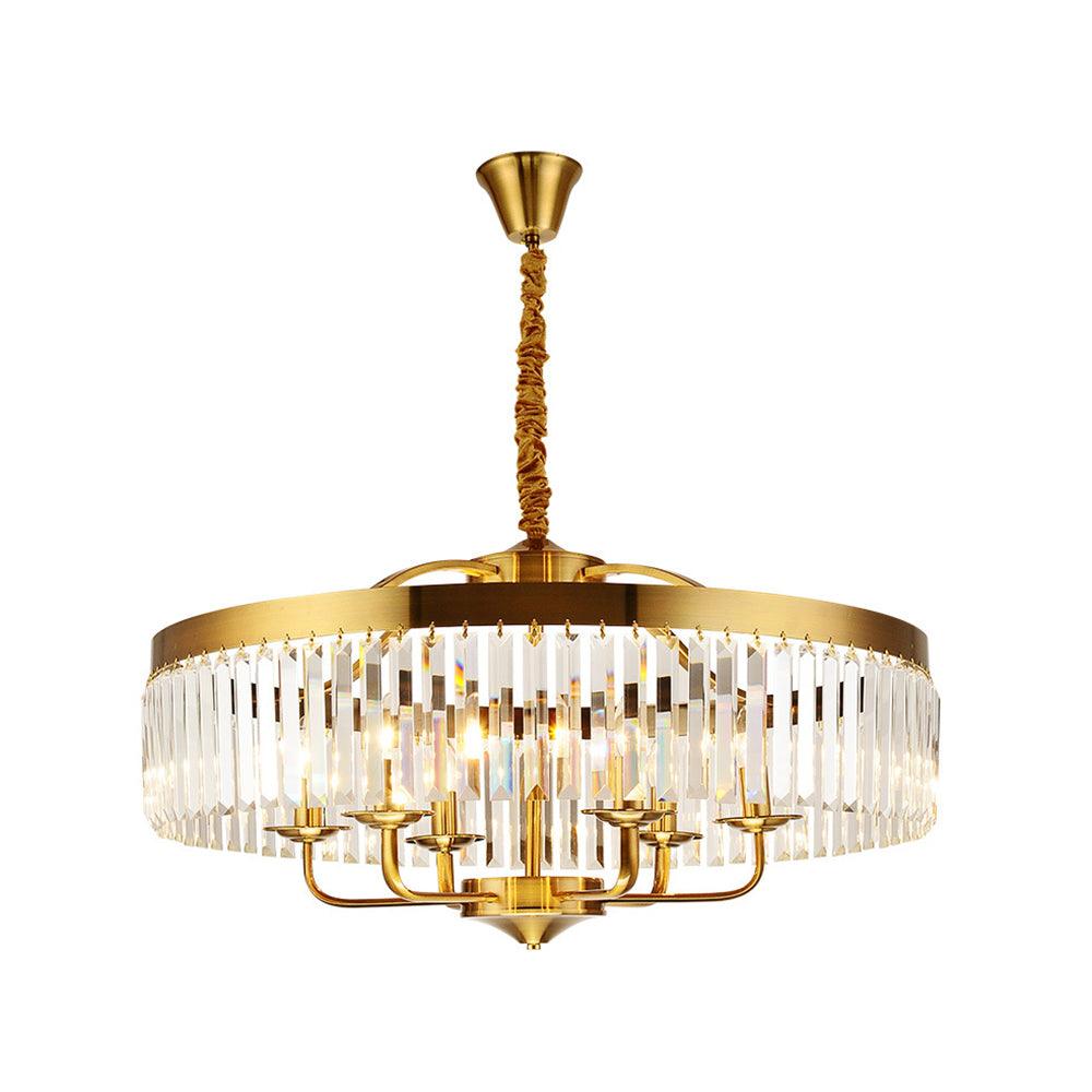 8 Lights Living Room Hanging Ceiling Light with Drum Crystal Block Shade Modern Brass Chandelier - Rebooters