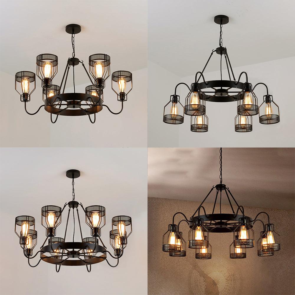6/8 Lights Chandelier Lighting Retro Style Wire Guard Metal Ceiling Light in Black - Rebooters