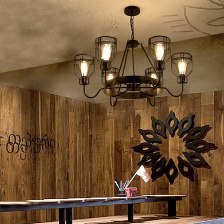 6/8 Lights Chandelier Lighting Retro Style Wire Guard Metal Ceiling Light in Black - Rebooters