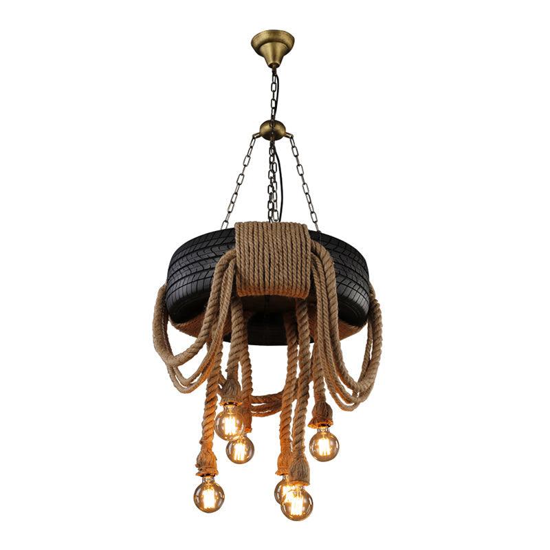 Antique Tyre Ceiling Lighting 6 Heads Hemp Rope Chandelier - Rebooters