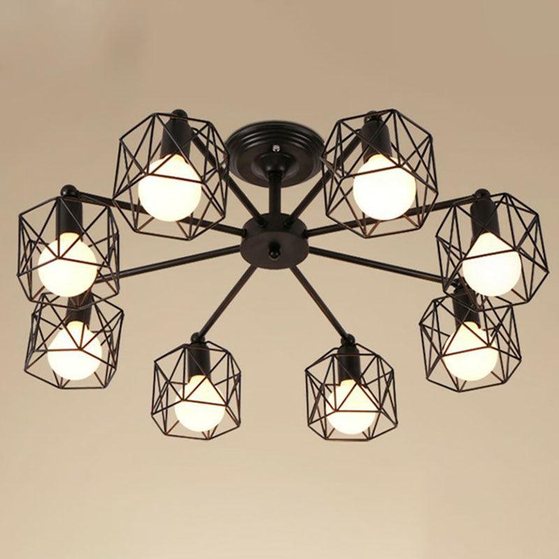 8 Bulbs Chandelier Lighting Retro Style Radial Iron Light Black - Rebooters