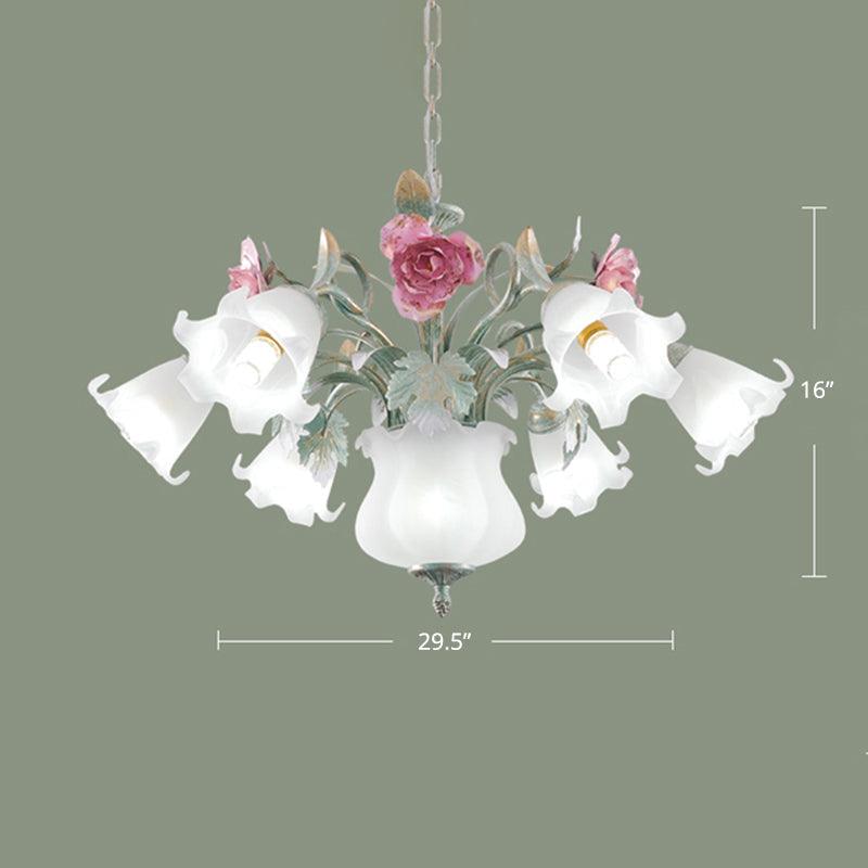 8 Heads Flower Ceiling Hang Lamp Pastoral White Glass Chandelier - Rebooters