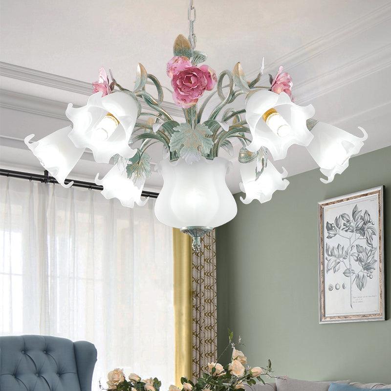 8 Heads Flower Ceiling Hang Lamp Pastoral White Glass Chandelier - Rebooters