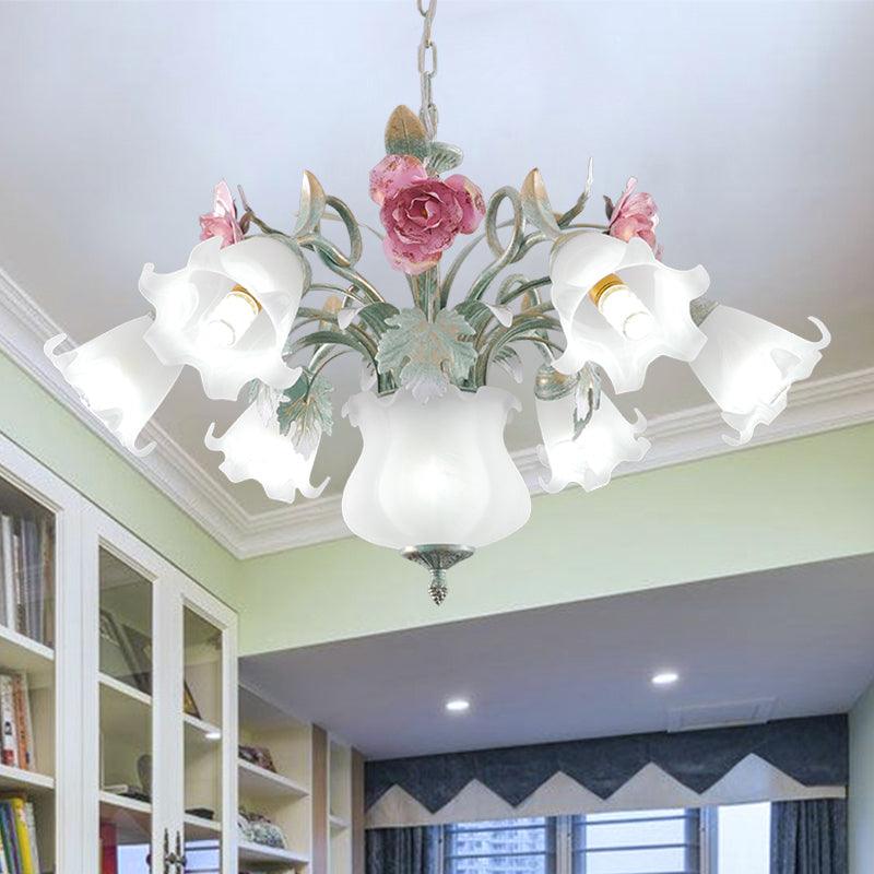 8 Heads Flower Ceiling Hang Lamp Pastoral White Glass Chandelier - Rebooters
