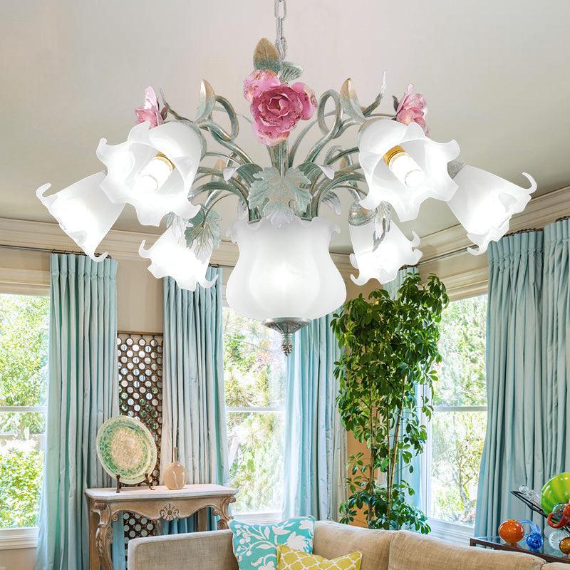 8 Heads Flower Ceiling Hang Lamp Pastoral White Glass Chandelier - Rebooters