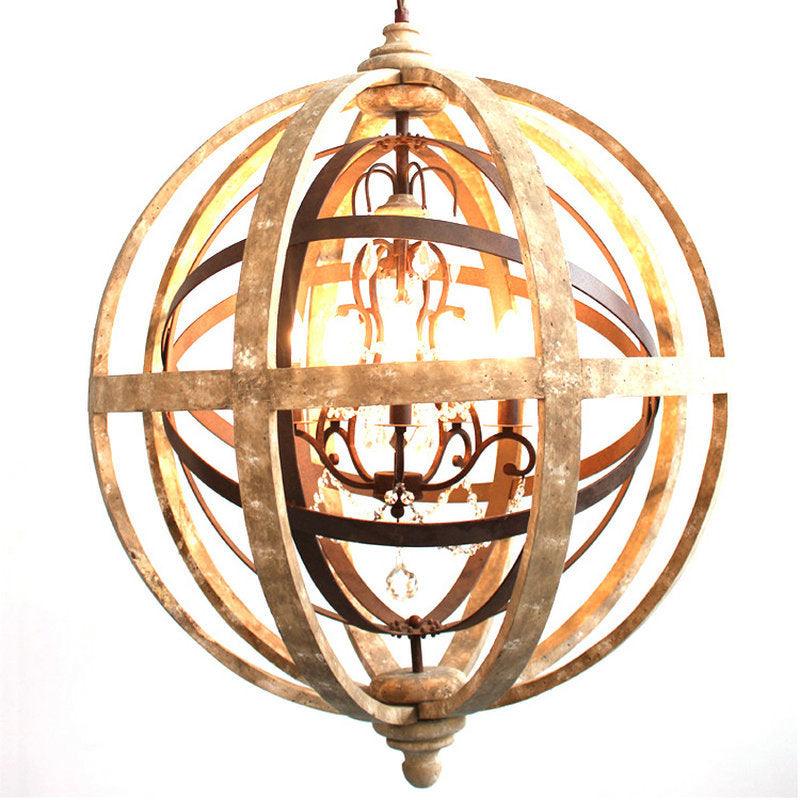 4 Bulbs Chandelier Pendant Light Vintage Sphere Distressed Wood - Rebooters
