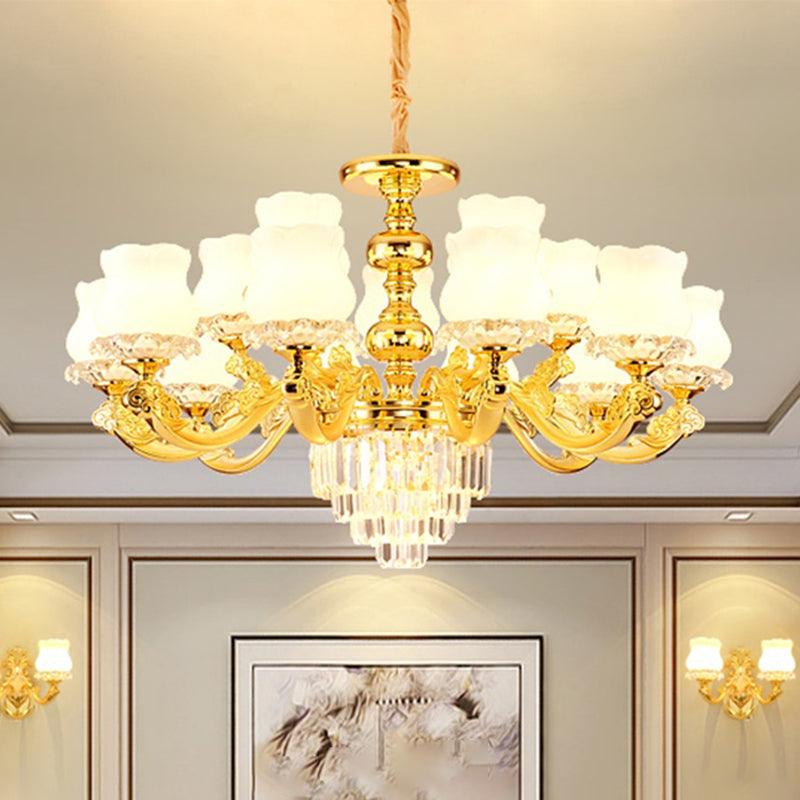 Flower Restaurant Hanging Light Fixture Traditional Opal Glass Gold Chandelier with Crystal Deco - Rebooters