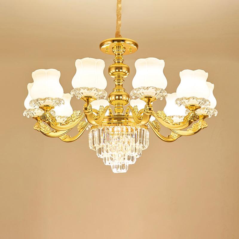 Flower Restaurant Hanging Light Fixture Traditional Opal Glass Gold Chandelier with Crystal Deco - Rebooters