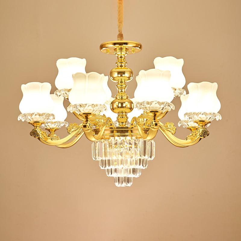 Flower Restaurant Hanging Light Fixture Traditional Opal Glass Gold Chandelier with Crystal Deco - Rebooters