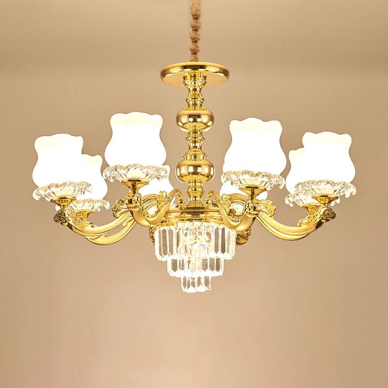 Flower Restaurant Hanging Light Fixture Traditional Opal Glass Gold Chandelier with Crystal Deco - Rebooters