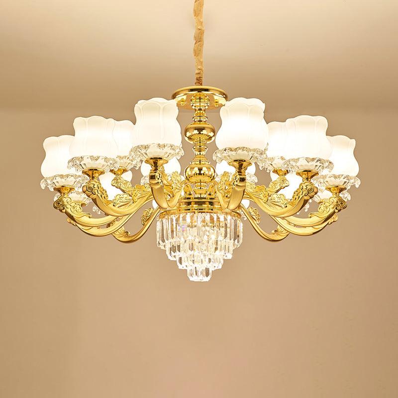 Flower Restaurant Hanging Light Fixture Traditional Opal Glass Gold Chandelier with Crystal Deco - Rebooters