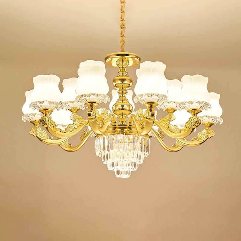 Flower Restaurant Hanging Light Fixture Traditional Opal Glass Gold Chandelier with Crystal Deco - Rebooters