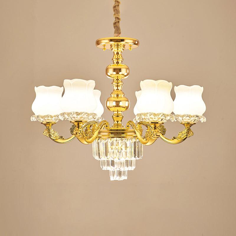 Flower Restaurant Hanging Light Fixture Traditional Opal Glass Gold Chandelier with Crystal Deco - Rebooters