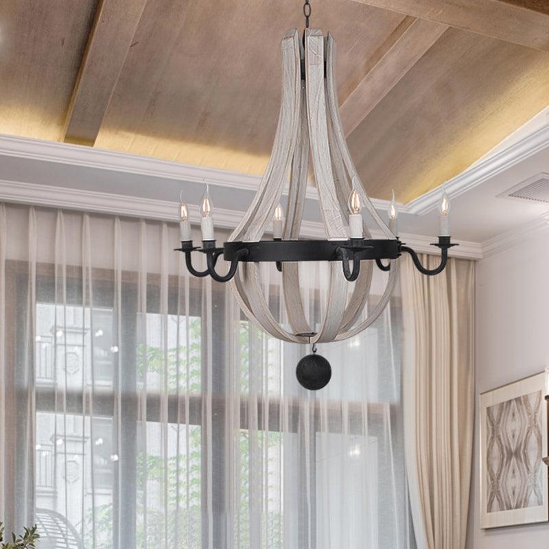 6 Lights Empire Shape Chandelier Lamp Traditional Blue White Wood Hanging Light Fixture - Rebooters