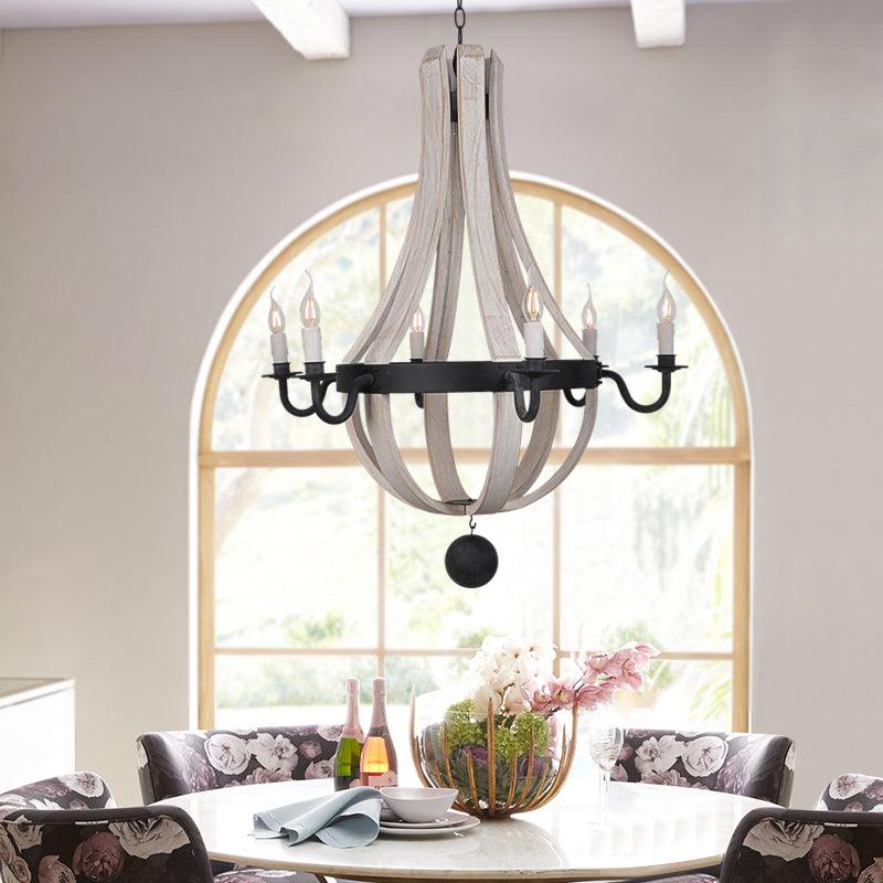 6 Lights Empire Shape Chandelier Lamp Traditional Blue White Wood Hanging Light Fixture - Rebooters