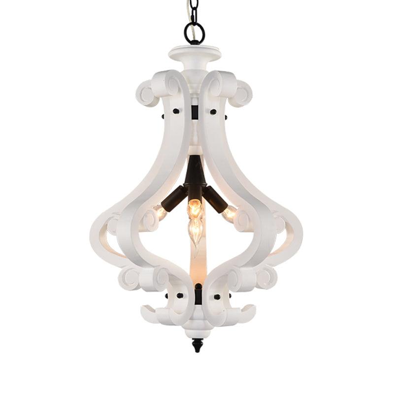 4 Lights Beige/White Chandelier Lamp Traditional Wood Lantern Ceiling Light - Rebooters