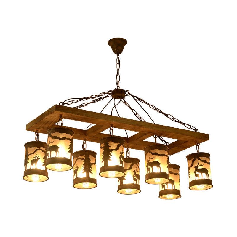 8 Lights Ceiling Light Country Style Linear Wood and Metal Hanging Chandelier in Bronze - Rebooters