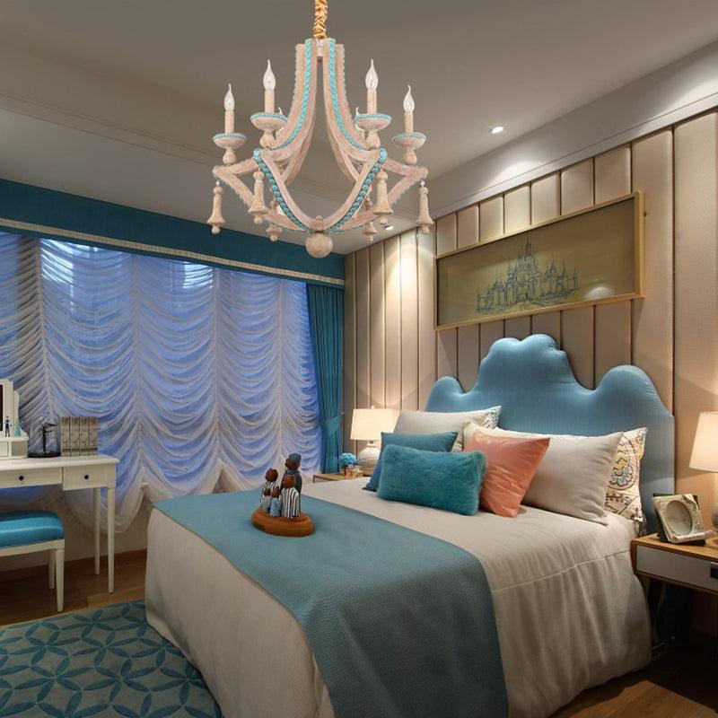 Beige Candle Ceiling Chandelier Traditional Wood 6 Heads Light Fixture - Rebooters