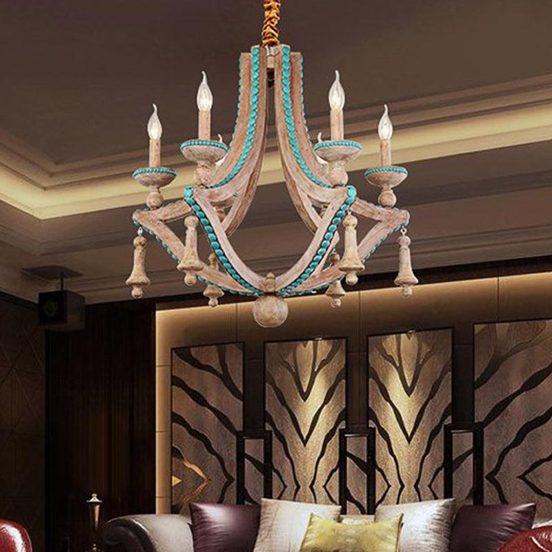 Beige Candle Ceiling Chandelier Traditional Wood 6 Heads Light Fixture - Rebooters