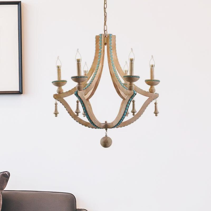 Beige Candle Ceiling Chandelier Traditional Wood 6 Heads Light Fixture - Rebooters