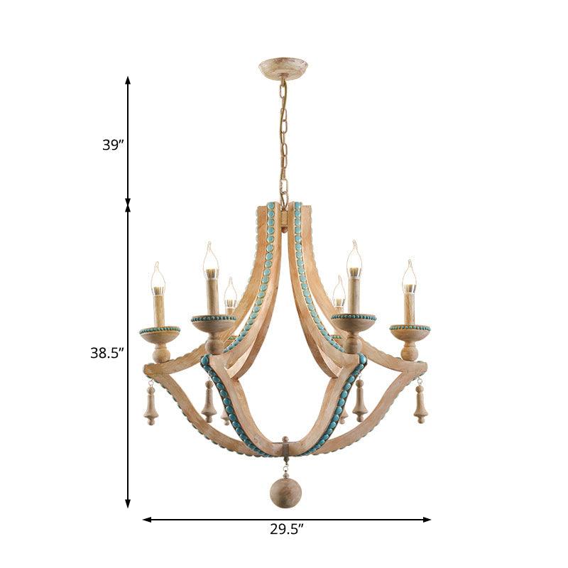 Beige Candle Ceiling Chandelier Traditional Wood 6 Heads Light Fixture - Rebooters