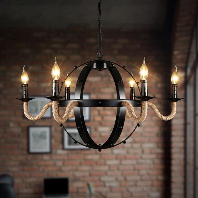 6 Lights Candle Ceiling Lamp Country Black Metal Chandelier - Rebooters