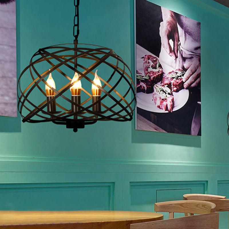 Black 3 Lights Chandelier Light Fixture Country Metal Caged Pendant Lamp - Rebooters