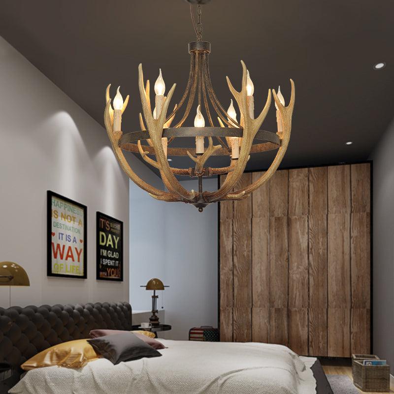 6/9 Lights Pendant Lighting Rustic Wheel Resin Chandelier Lamp in Brown for Dining Room with Elk Deco - Rebooters