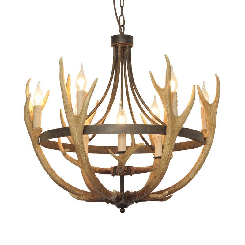 6/9 Lights Pendant Lighting Rustic Wheel Resin Chandelier Lamp in Brown for Dining Room with Elk Deco - Rebooters