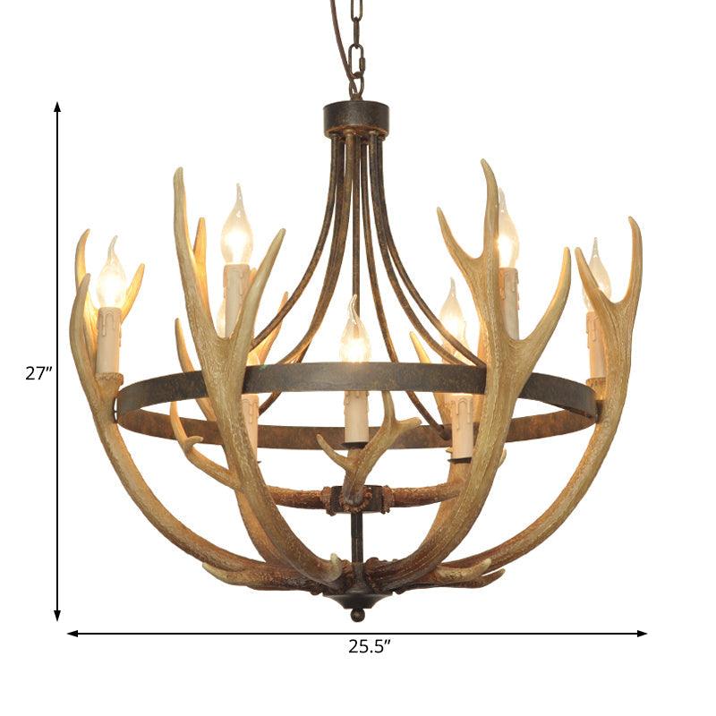 6/9 Lights Pendant Lighting Rustic Wheel Resin Chandelier Lamp in Brown for Dining Room with Elk Deco - Rebooters