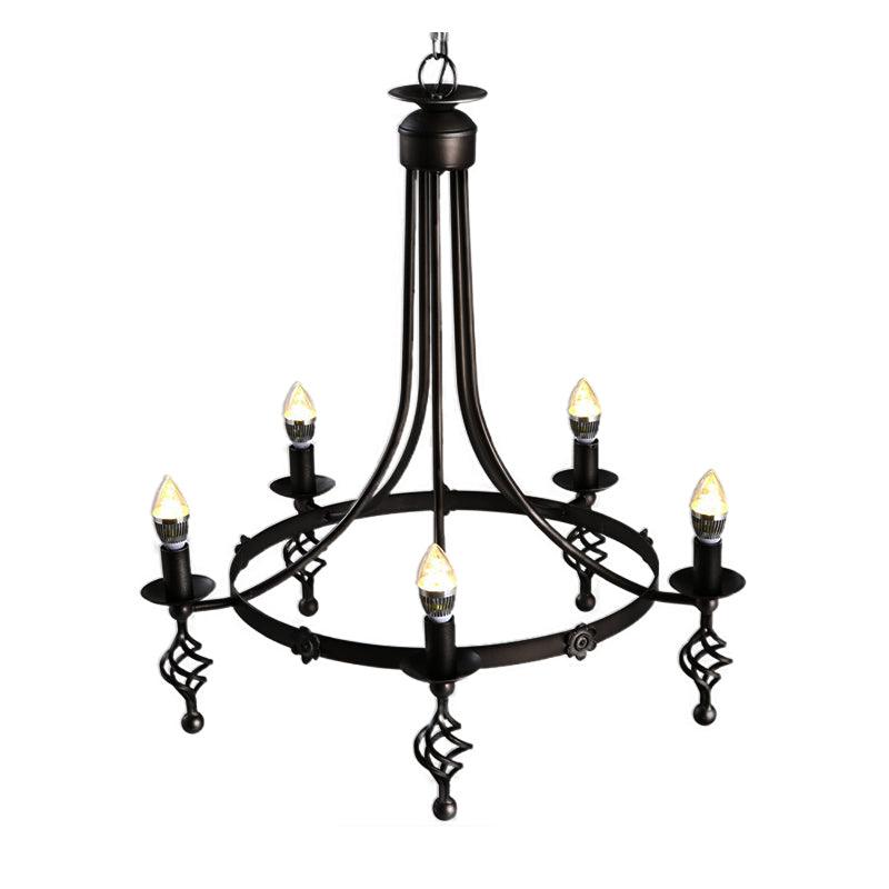 5 Lights Round Chandelier Lamp Country Metal Pendant Black - Rebooters