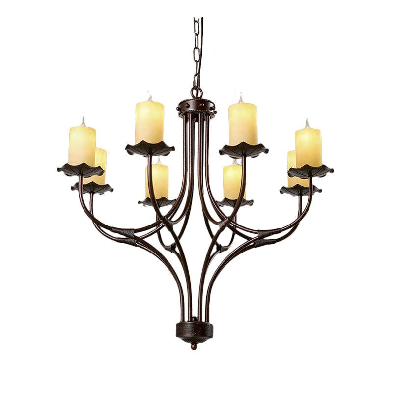 8 Lights Yellow Glass Hanging Chandelier Country Bronze Candle Shaped Living Room Pendant Light Fixture - Rebooters