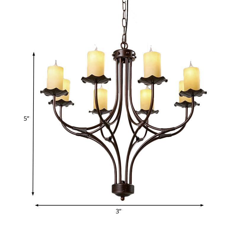 8 Lights Yellow Glass Hanging Chandelier Country Bronze Candle Shaped Living Room Pendant Light Fixture - Rebooters