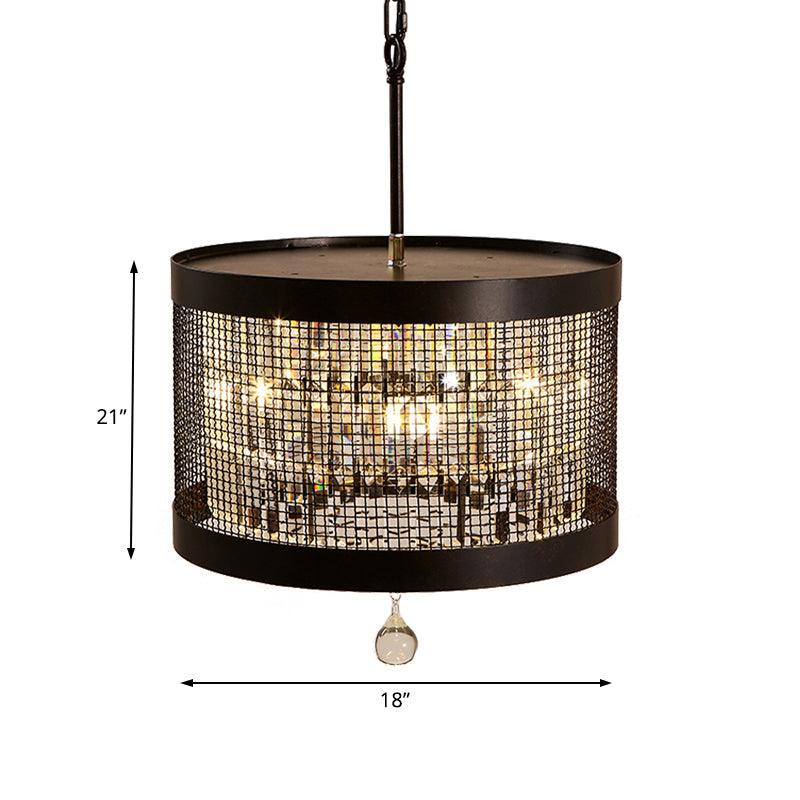 4 Lights Metal Hanging Chandelier Country Black Round Pendant Light Fixture with Crystal Block - Rebooters