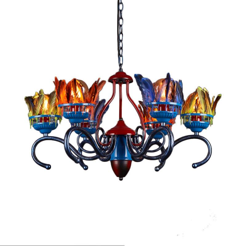 6 Lights Chandelier Lighting Fixture Antique Feather Metal Ceiling Suspension Lamp in Orange Blue for Restaurant - Rebooters