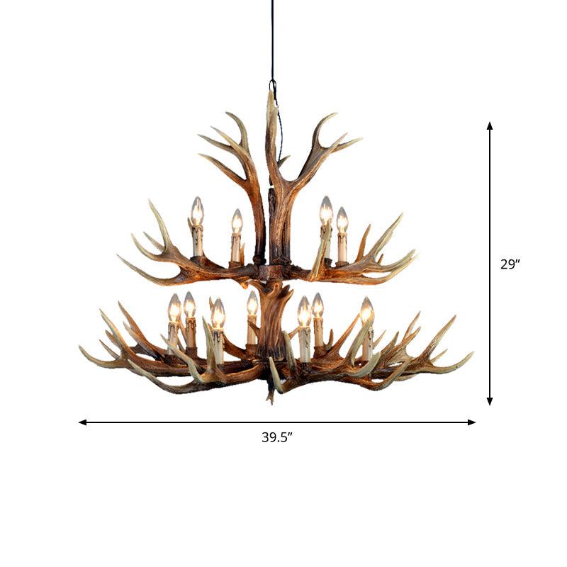 2-Tier Hanging Lamp Rustic Resin 12/15 Bulbs Brown Chandelier - Rebooters
