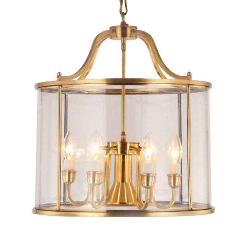 8/18 Inch Wide Cylindrical Chandelier Lighting Colonial Clear Glass Brass 3/7 Bulbs Hanging Ceiling Light - Rebooters
