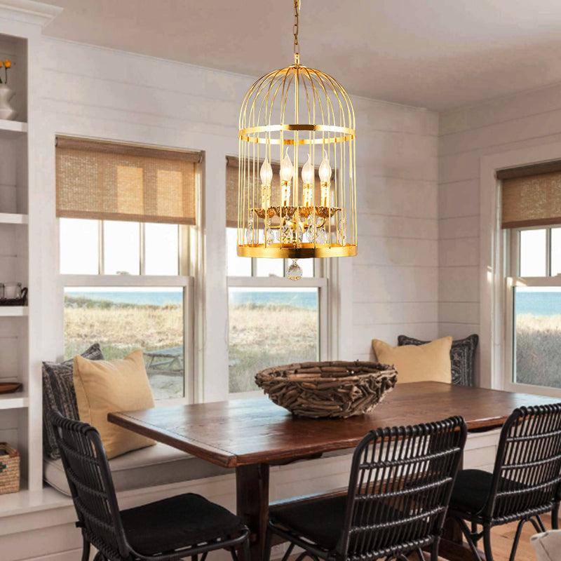 4 Bulbs Bird Cage Ceiling Chandelier in Gold with Crystal Drop - Rebooters