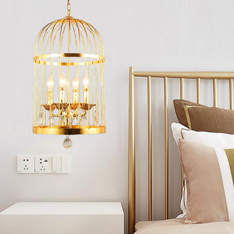 4 Bulbs Bird Cage Ceiling Chandelier in Gold with Crystal Drop - Rebooters