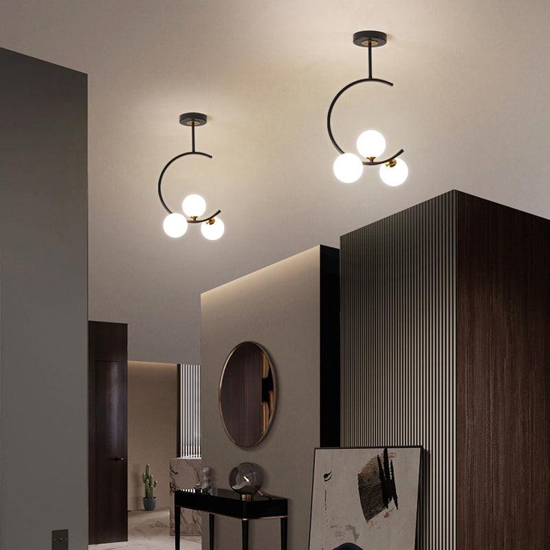 Ball Opaline Glass Hanging Lamp Simplicity Chandelier Light Fixture with C Arm for Bedroom - Rebooters