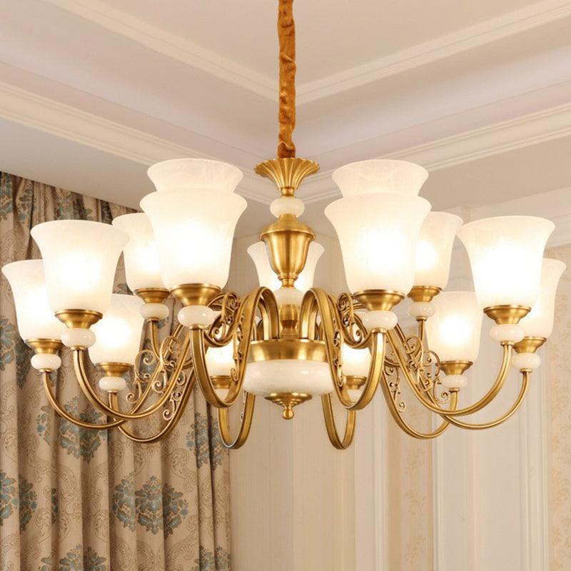 Bell Shaped Restaurant Suspension Lighting Colonial Style Frosted Glass Brass Chandelier - Rebooters