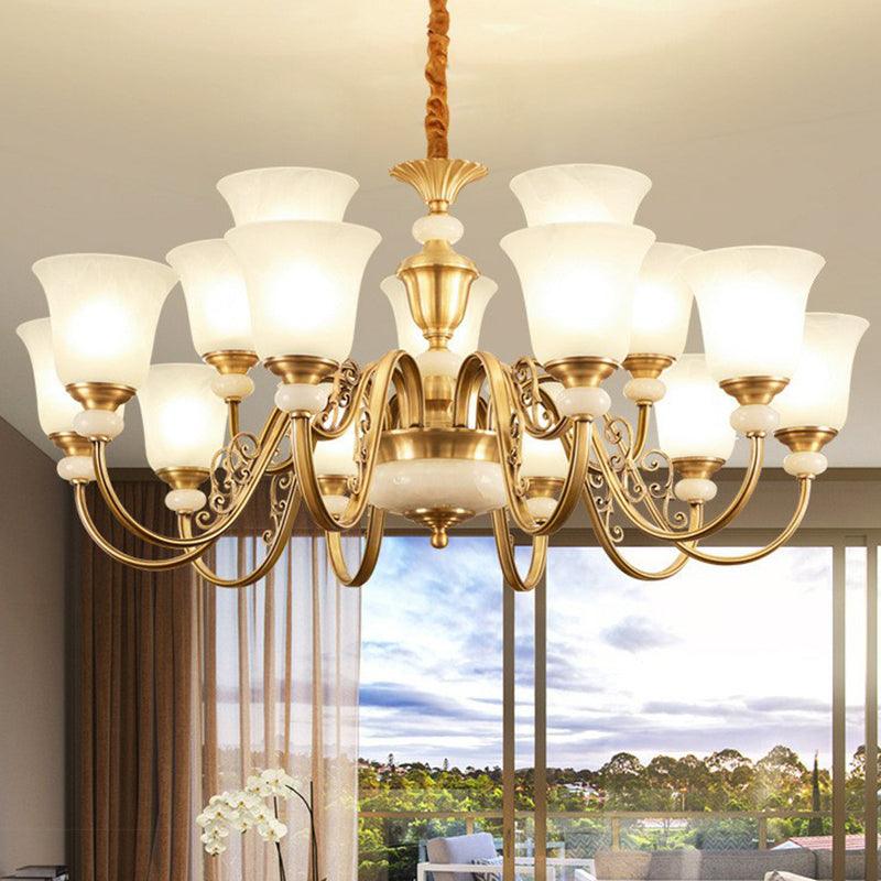 Bell Shaped Restaurant Suspension Lighting Colonial Style Frosted Glass Brass Chandelier - Rebooters