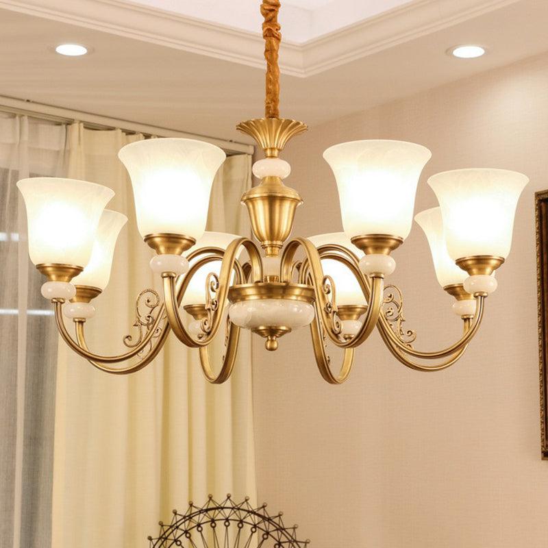 Bell Shaped Restaurant Suspension Lighting Colonial Style Frosted Glass Brass Chandelier - Rebooters