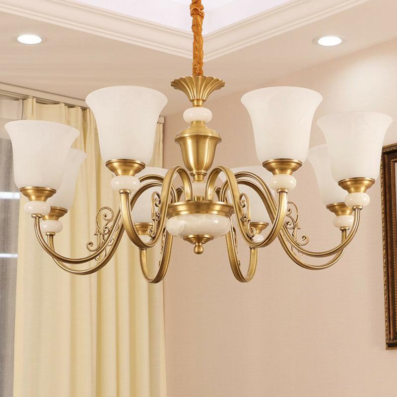 Bell Shaped Restaurant Suspension Lighting Colonial Style Frosted Glass Brass Chandelier - Rebooters
