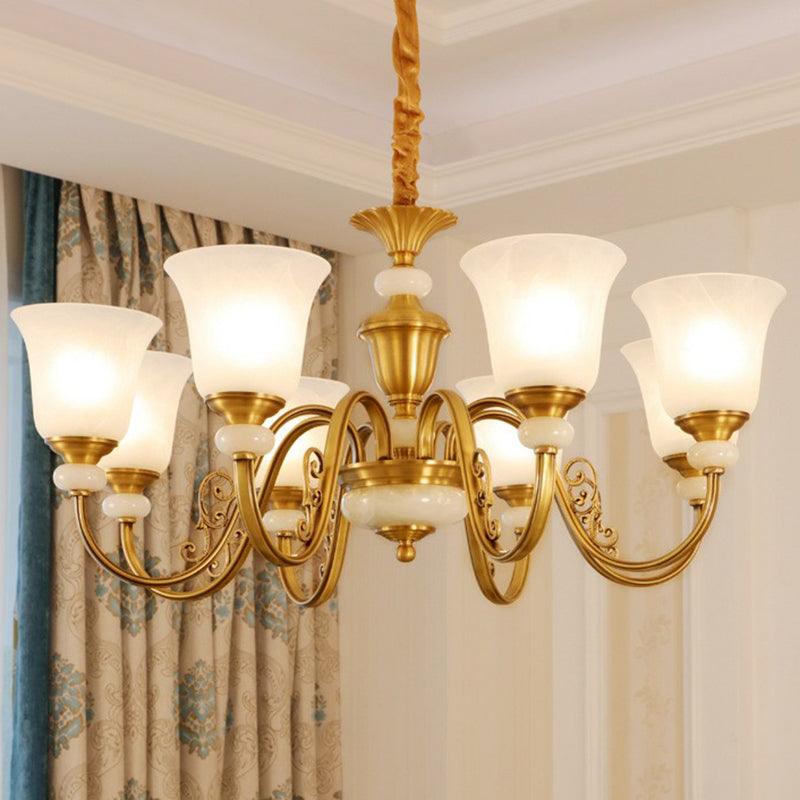 Bell Shaped Restaurant Suspension Lighting Colonial Style Frosted Glass Brass Chandelier - Rebooters
